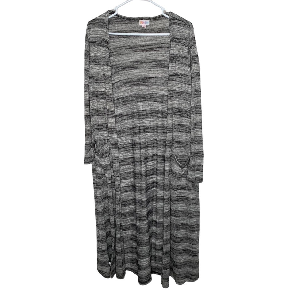 Lularoe womens Sarah Duster Cardigan small Gray stripe pockets Thin Knit